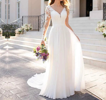 Custom Simple Lace Applique/Chiffon Column Wedding Gown