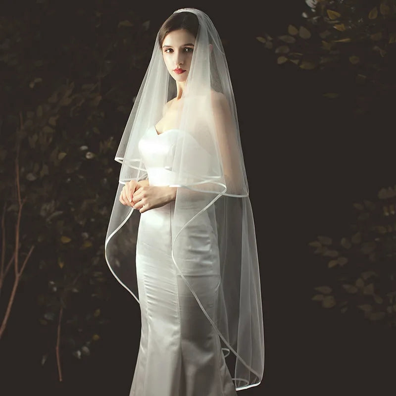 Elegant Satin Trimmed  Knee Length Wedding Veil w/ Blusher