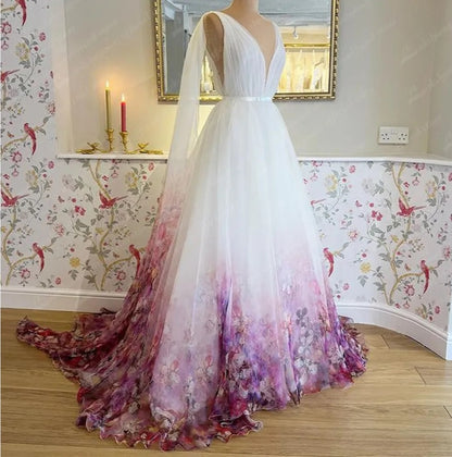 Floral Ombre Chiffon A Line Wedding Gown All Sizes