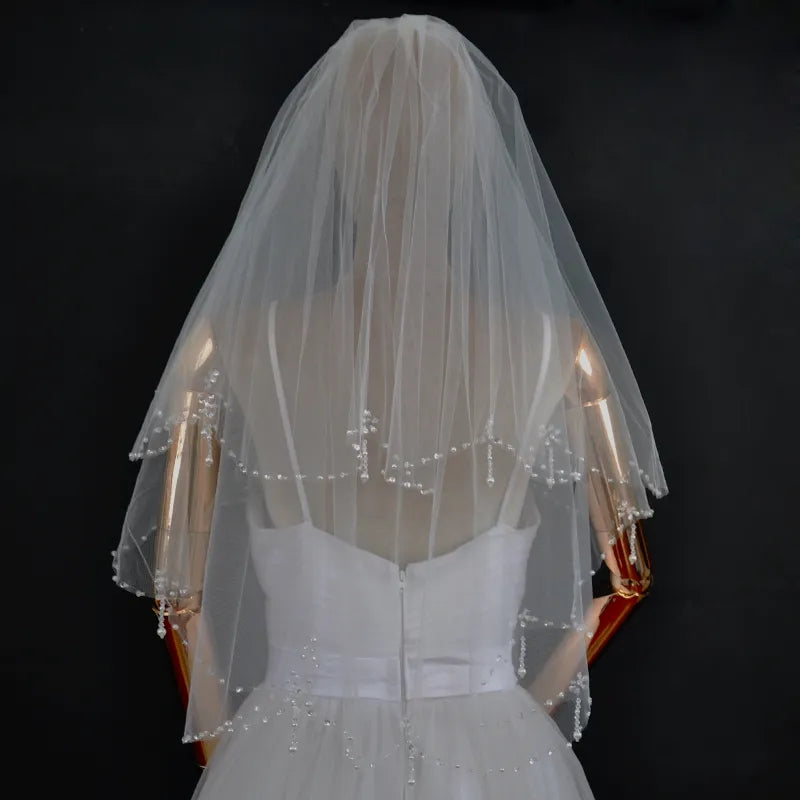 Beaded Edge Waist Length Wedding Veil w/ Blusher