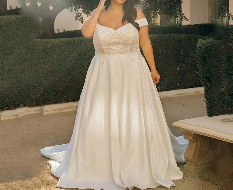 Off Shoulder Romantic Lace/Satin A Line Wedding Gown All Sizes/Colors