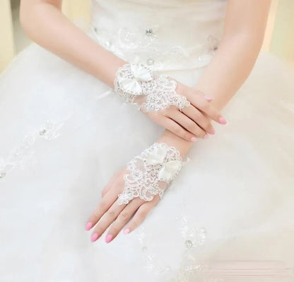 Rhinestone Lace Satin Bow Fingerless Wedding Gloves