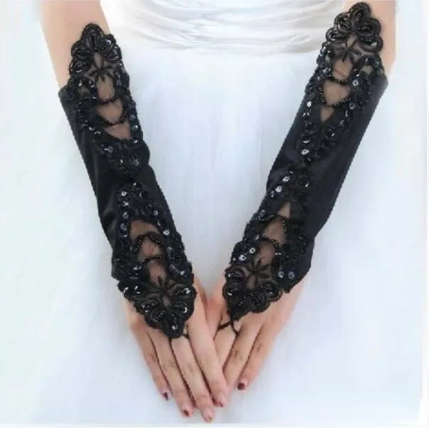 Flocked Satin/Beaded Lace Fingerless Wedding Gloves