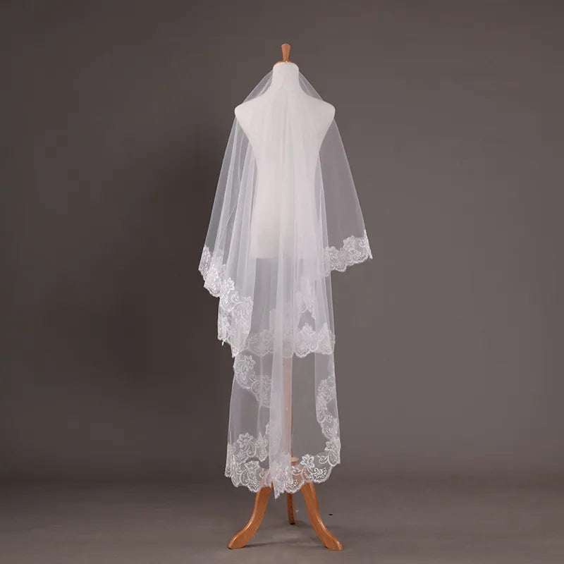 Lace Trimmed Chapel Length Mantilla Wedding Veil w/ Blusher