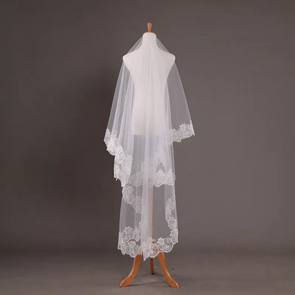 Lace Trimmed Chapel Length Mantilla Wedding Veil w/ Blusher