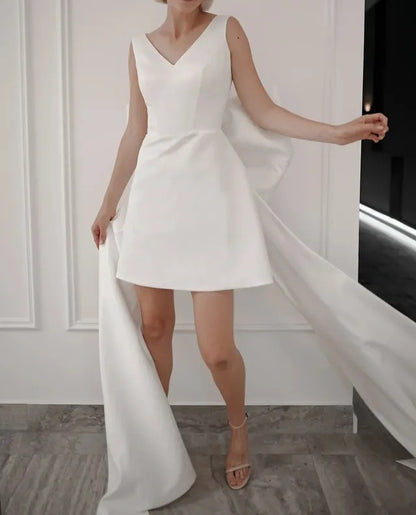 Bow Train Satin Knee Wedding Dress All Sizes/Colors