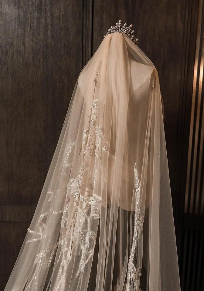 Sequined Lace Tulle Chapel Wedding Veil