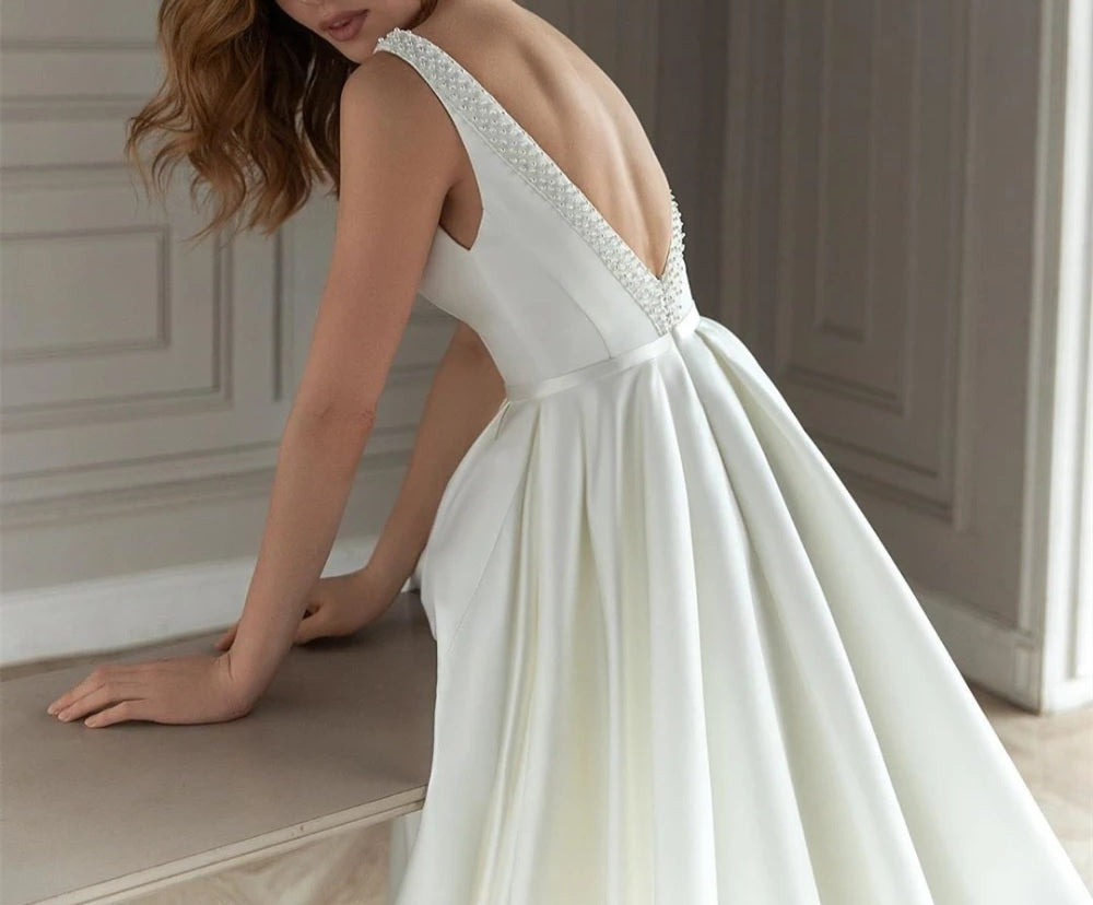 Pearl V Back Satin Wedding Gown