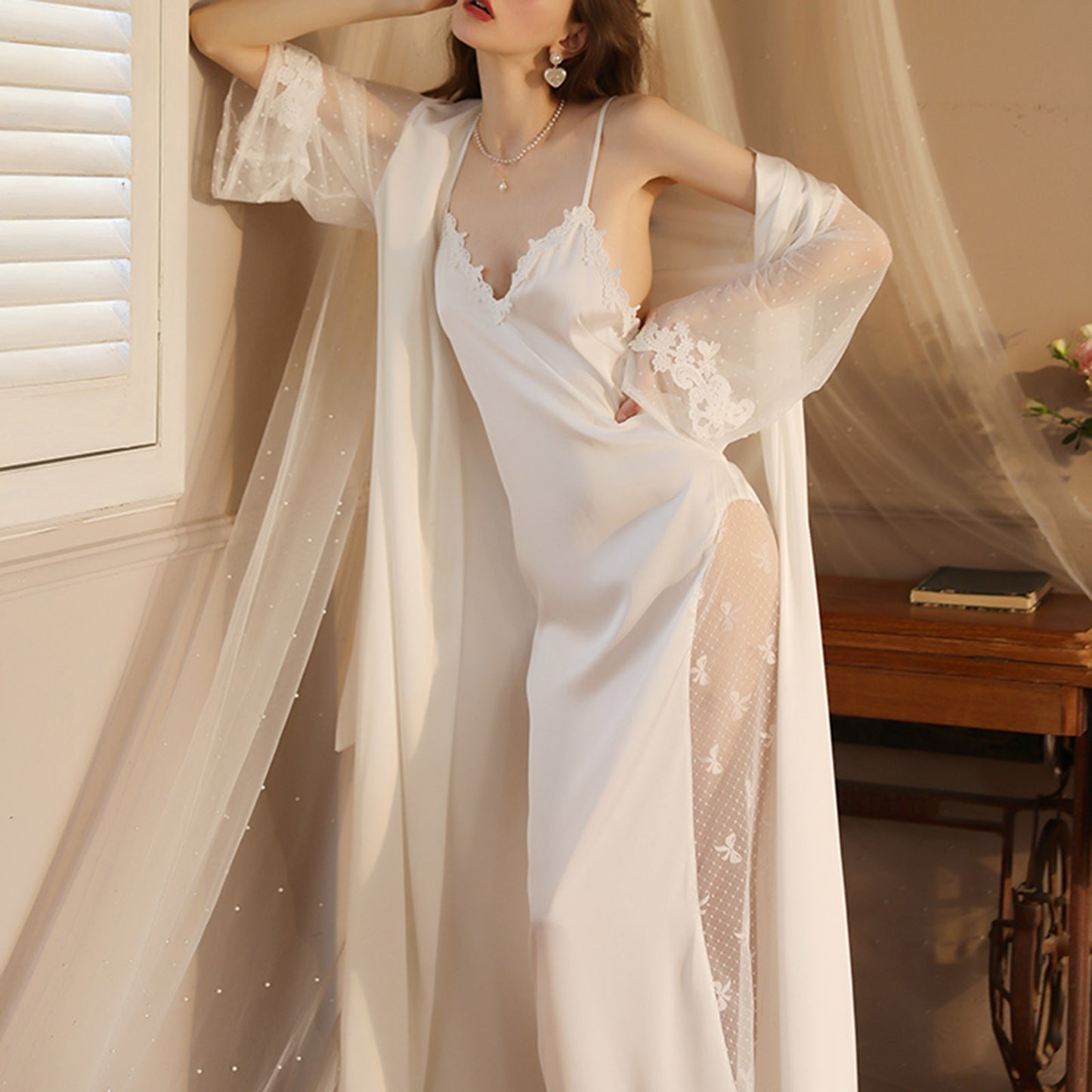 Mesh Sleeved Satin Dressing Gown