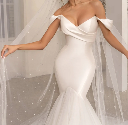 Satin & Tulle Off Shoulder Mermaid Wedding Gown