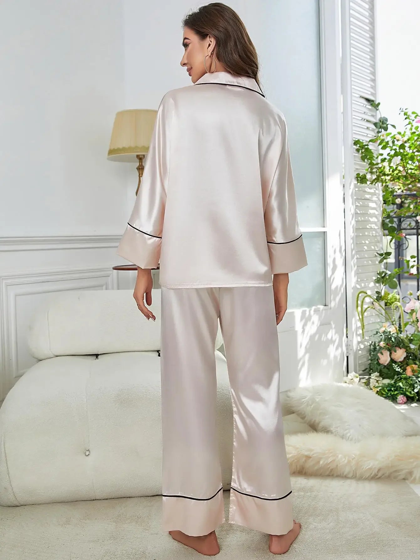 Satin Long Piped Pajama Set