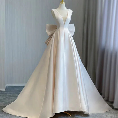 Bow Streamer Train Satin Wedding Gown