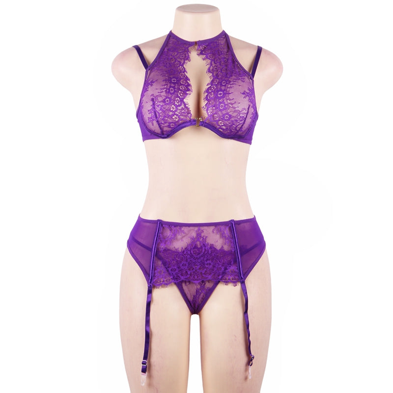 Eyelash Lace & Sheer Bra Garterbelt Set