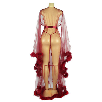 Feather Trim Sheer Dressing Gown