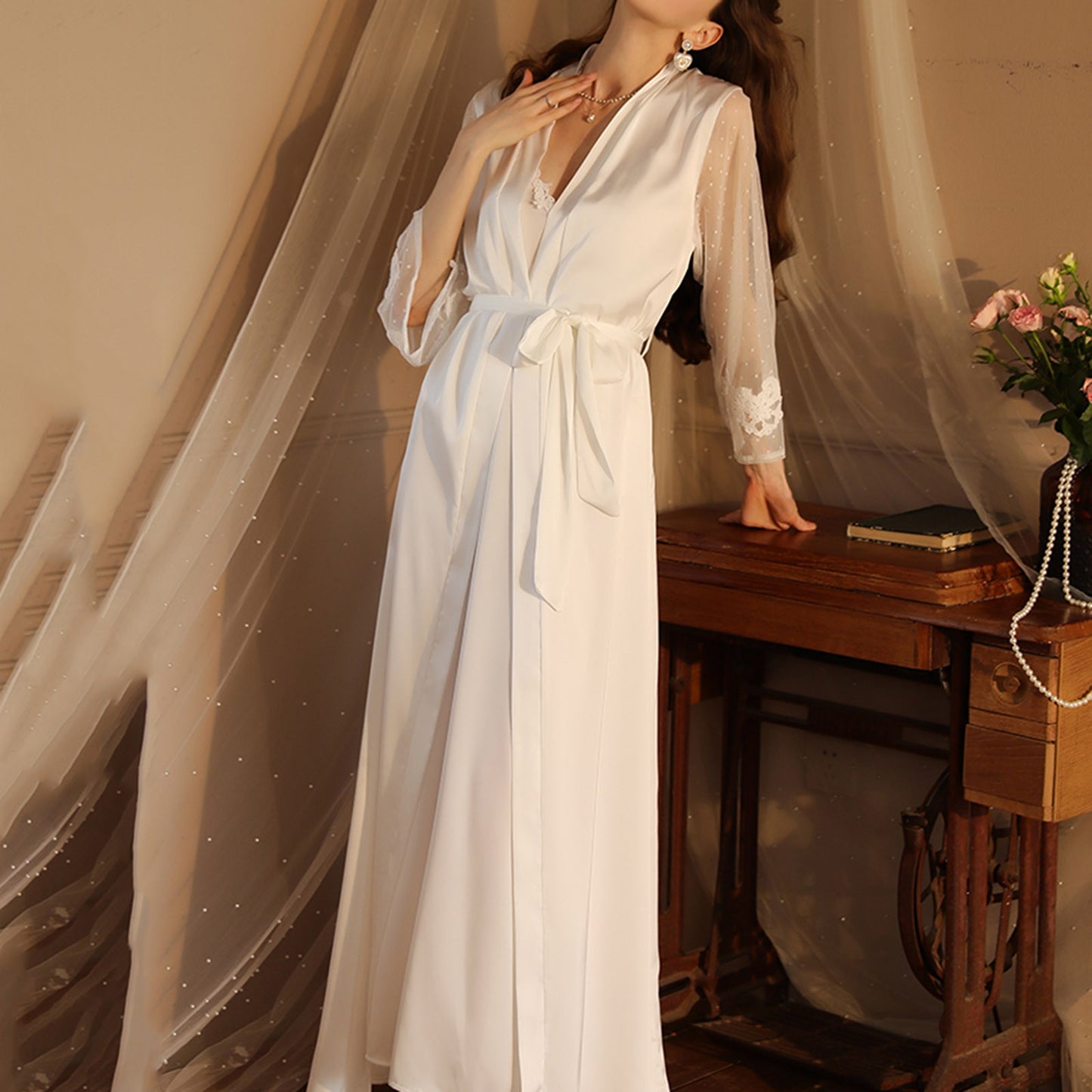 Mesh Sleeved Satin Dressing Gown