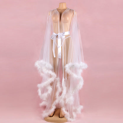 Feather Trim Sheer Dressing Gown