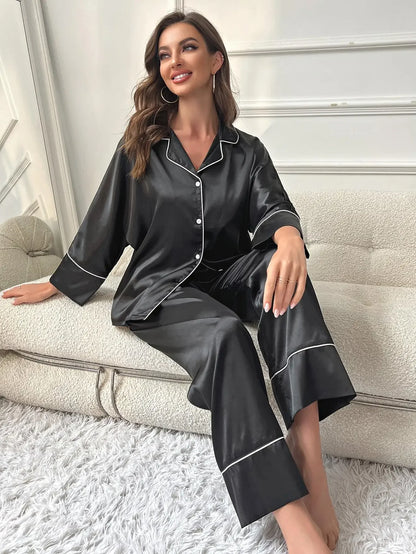 Satin Long Piped Pajama Set