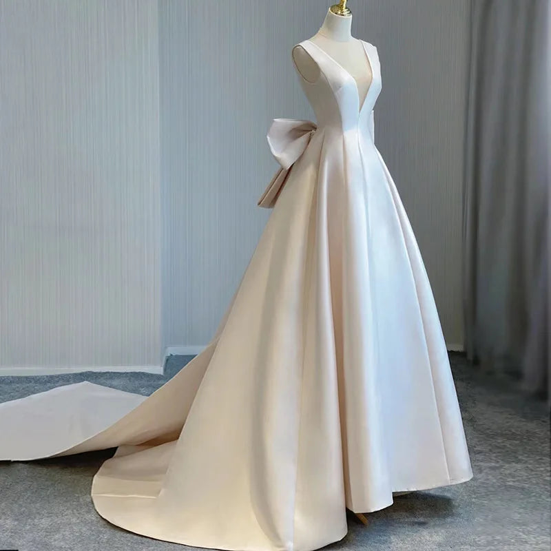 Bow Streamer Train Satin Wedding Gown