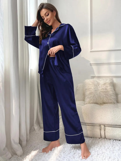 Satin Long Piped Pajama Set