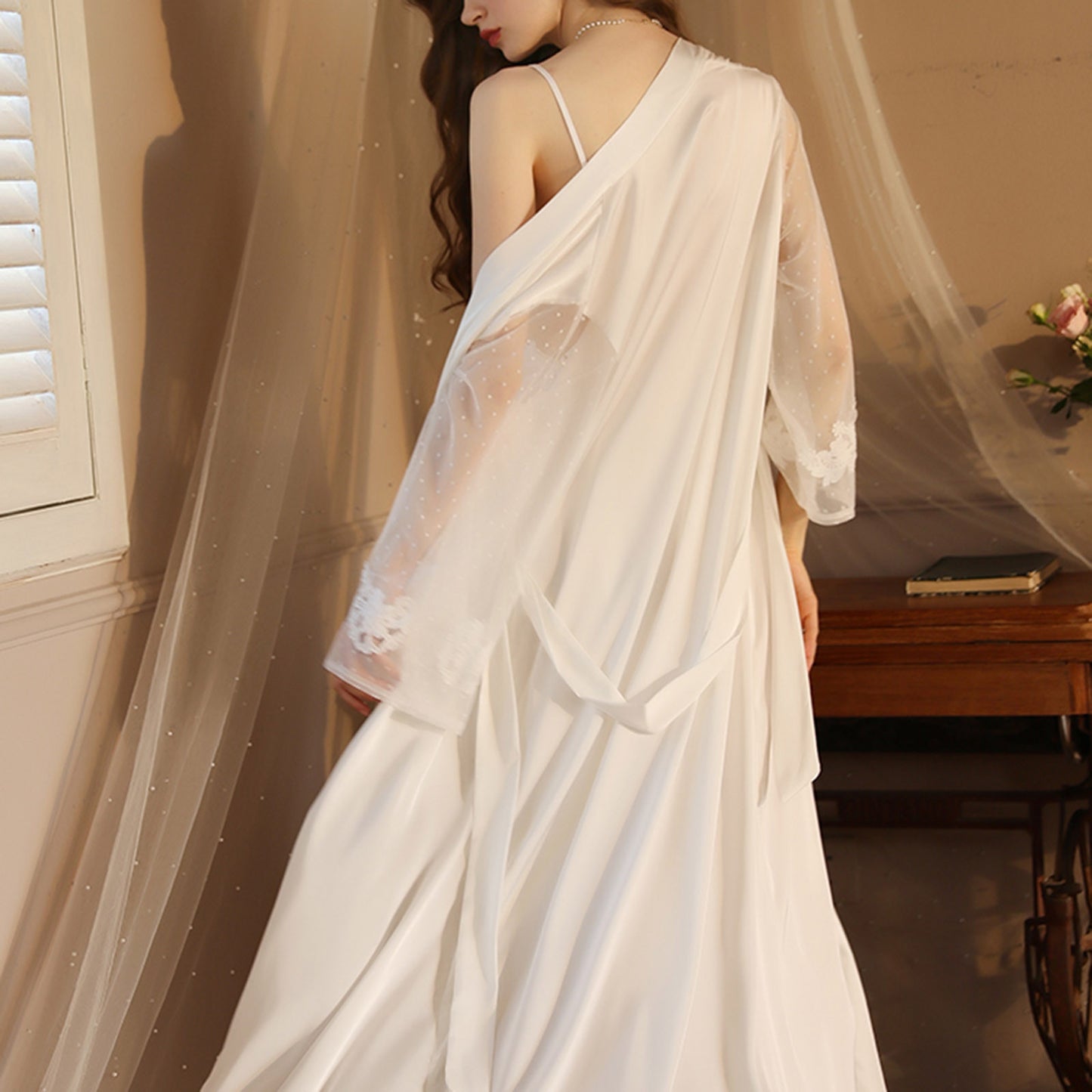 Mesh Sleeved Satin Dressing Gown