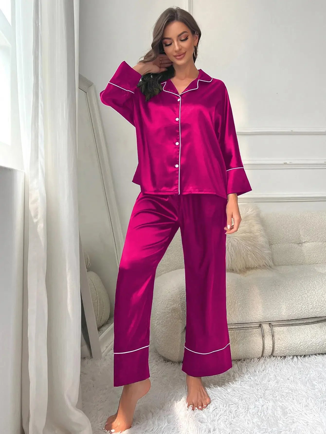 Satin Long Piped Pajama Set