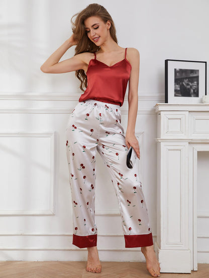 Cherry Printed Satin Pajama Set