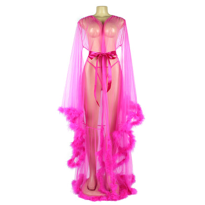 Feather Trim Sheer Dressing Gown