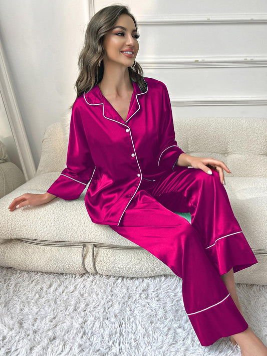 Satin Long Piped Pajama Set