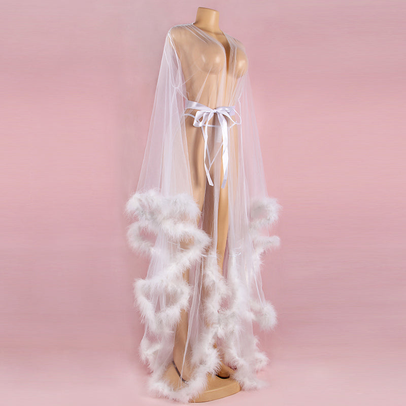 Feather Trim Sheer Dressing Gown