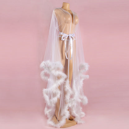 Feather Trim Sheer Dressing Gown