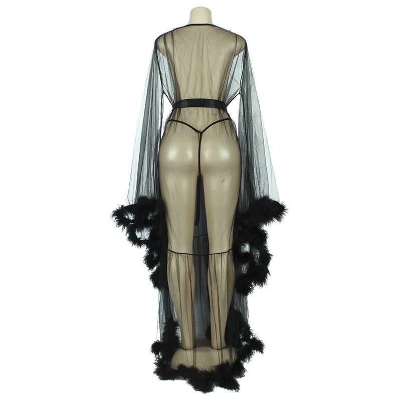 Feather Trim Sheer Dressing Gown