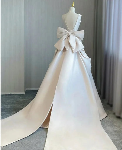 Bow Streamer Train Satin Wedding Gown