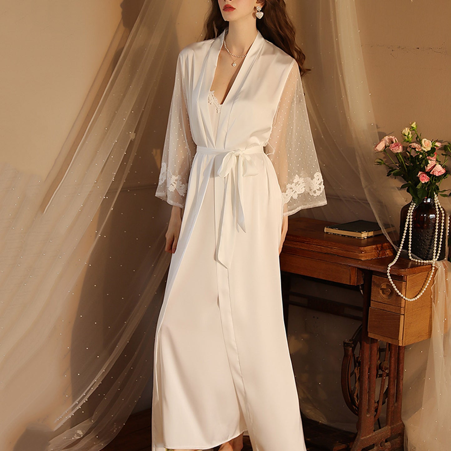 Mesh Sleeved Satin Dressing Gown