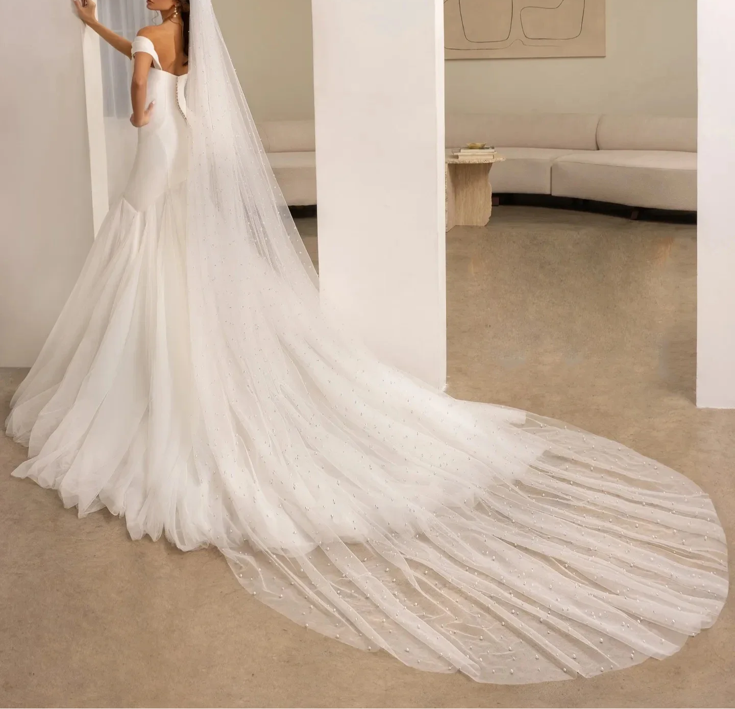 Satin & Tulle Off Shoulder Mermaid Wedding Gown