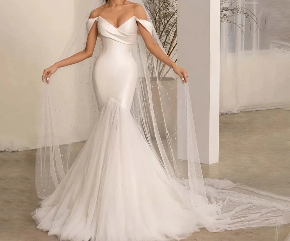 Satin & Tulle Off Shoulder Mermaid Wedding Gown