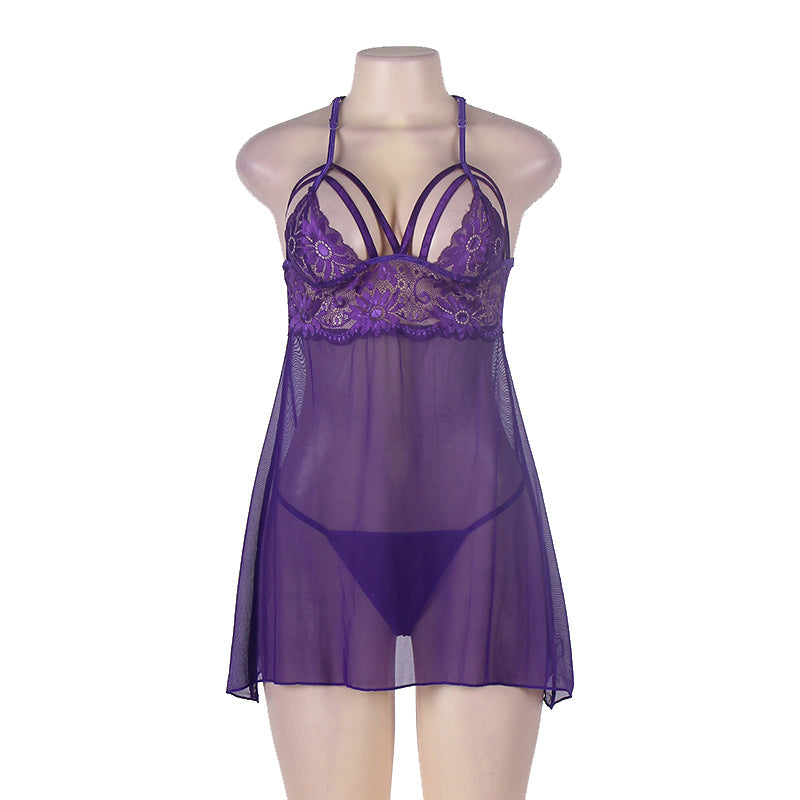 Queen Lace & Mesh Sleepwear Babydoll Set