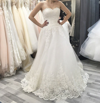 Vintage Inspired Strapless Lace Applique Wedding Gown