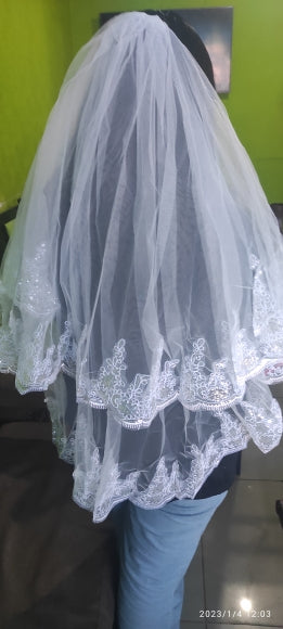 Sequin Lace Edge Hip Length Wedding Veil w/ Blusher