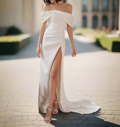 Off Shoulder Satin Sheath Wedding Gown Set