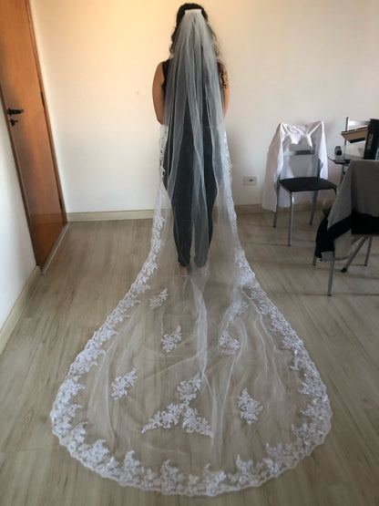 Floral Lace Edge Chapel Length Wedding Veil