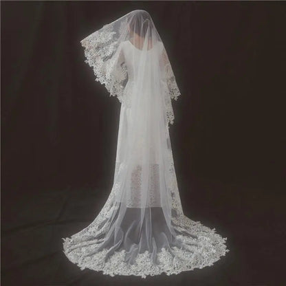 Vintage Lace Trim Mantilla Chapel Wedding Veil w/ Blusher