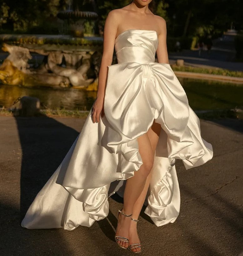 Satin High Low Bubble Skirt Tea Length Wedding Dress All Sizes/Colors