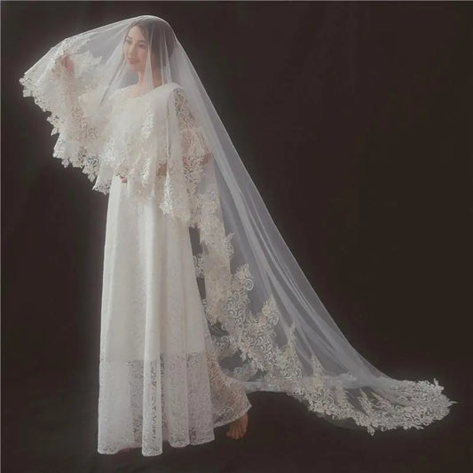 Vintage Lace Trim Mantilla Chapel Wedding Veil w/ Blusher