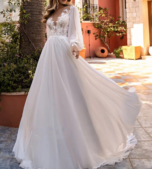 Willow Lace Applique/Chiffon Boho Wedding Gown All Sizes/Colors