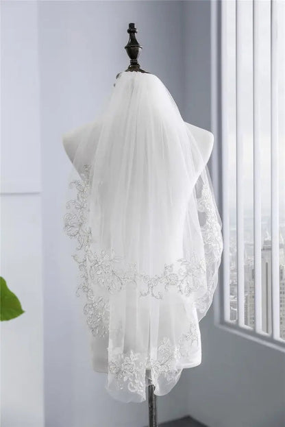 Pearl Lace Edging Tulle Elbow Length Wedding Veil w/ Blusher