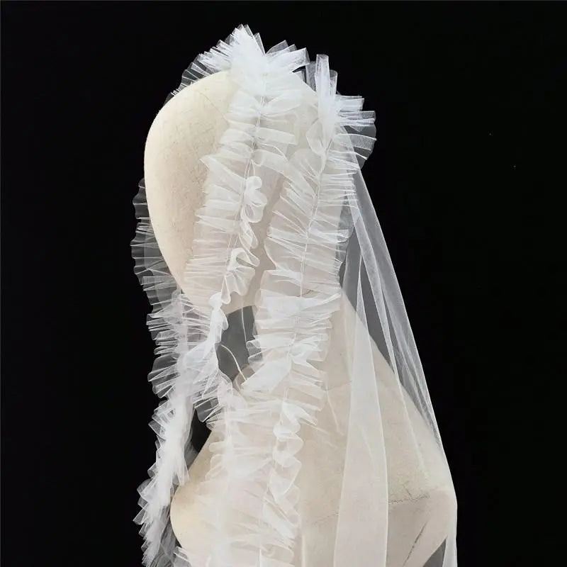 Simple Pleat Edge Tulle Waist Length Mantilla Wedding Veil w/ Blusher