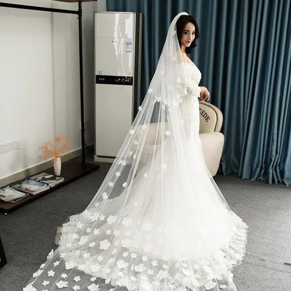 3D Floral Applique Tulle Chapel Wedding Veil w/ Blusher