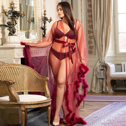 Queen Feather Trim Sheer Dressing Gown