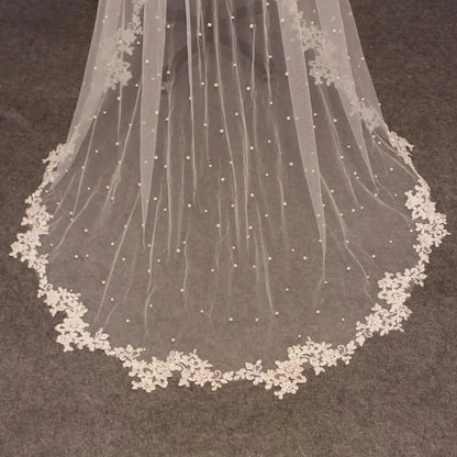 Lace Trim Pearl Tulle Church Wedding Veil w/ Blusher