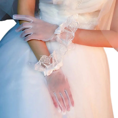 Tulle Ruffle Trim Wrist Wedding Gloves